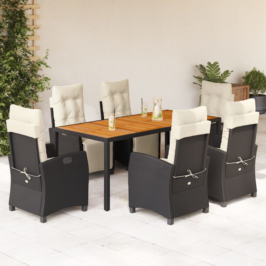 7-tlg. Garten-Essgruppe mit Kissen Schwarz Poly Rattan